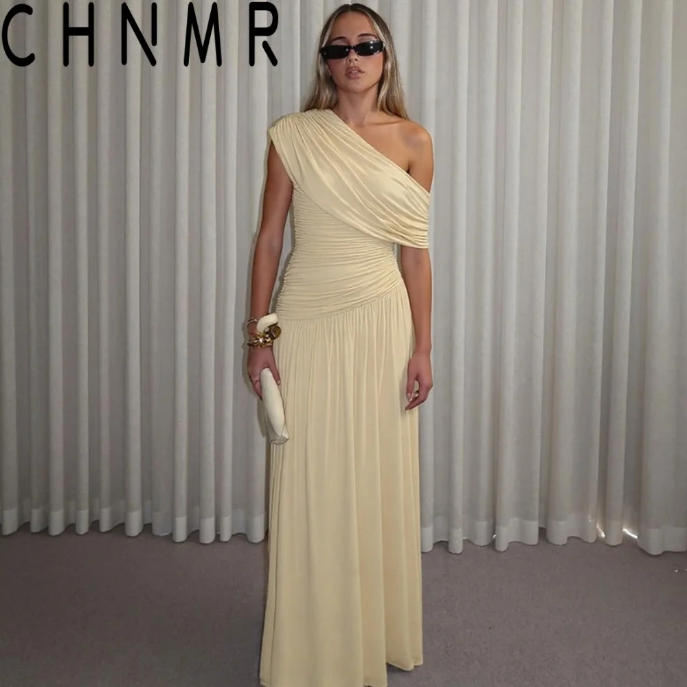 CHNMR Robe longue élégante asymétrique froncée et ajustée pour femme, sans manches, pour soirée, style Y2K, Nouvelle collection été 2026