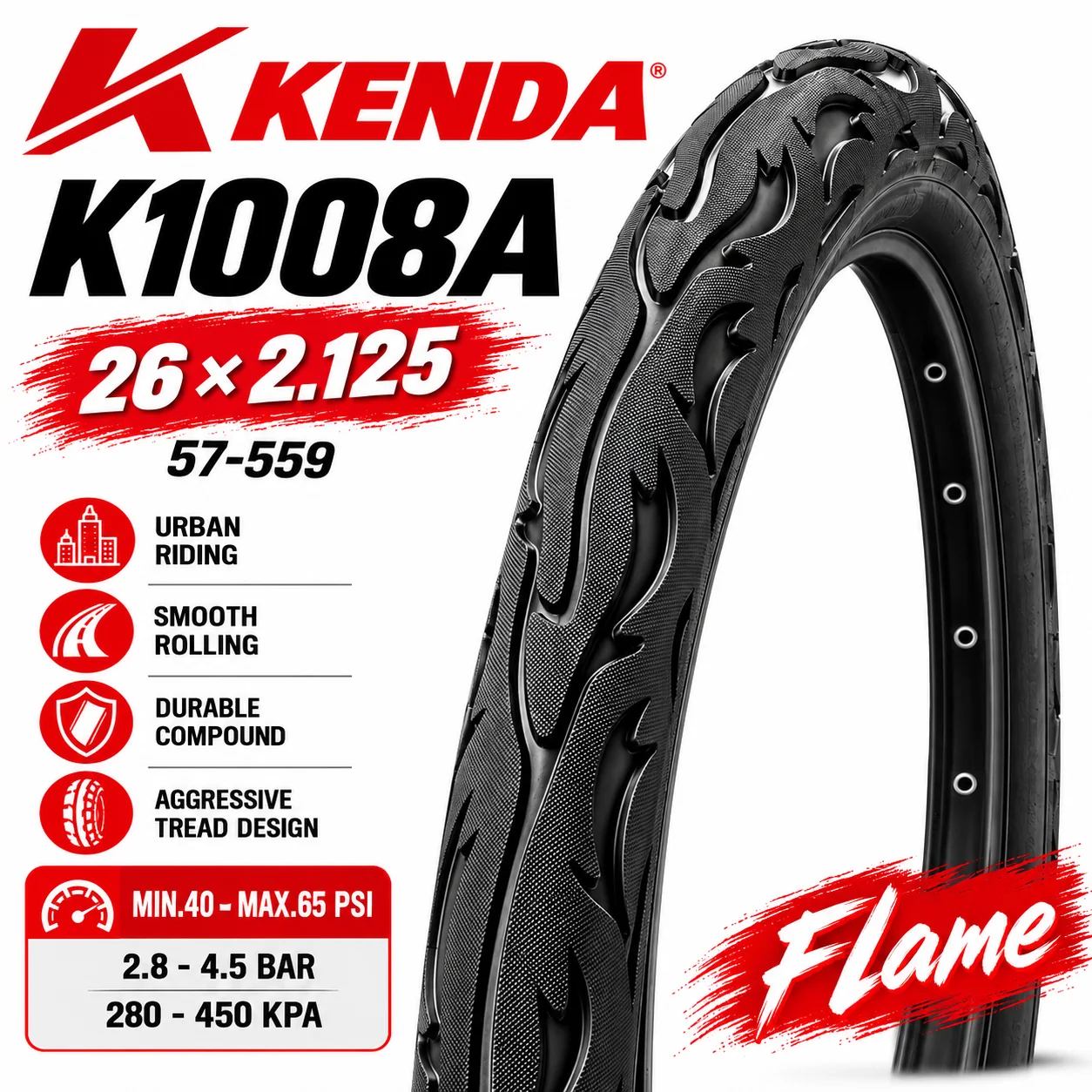 KENDA K1008A Flame 26x2.125 Fahrradreifen 57-559 Urban Street MTB Fahrradreifen Glatt Rollender Langlebiger Fahrradreifen – Detail 5