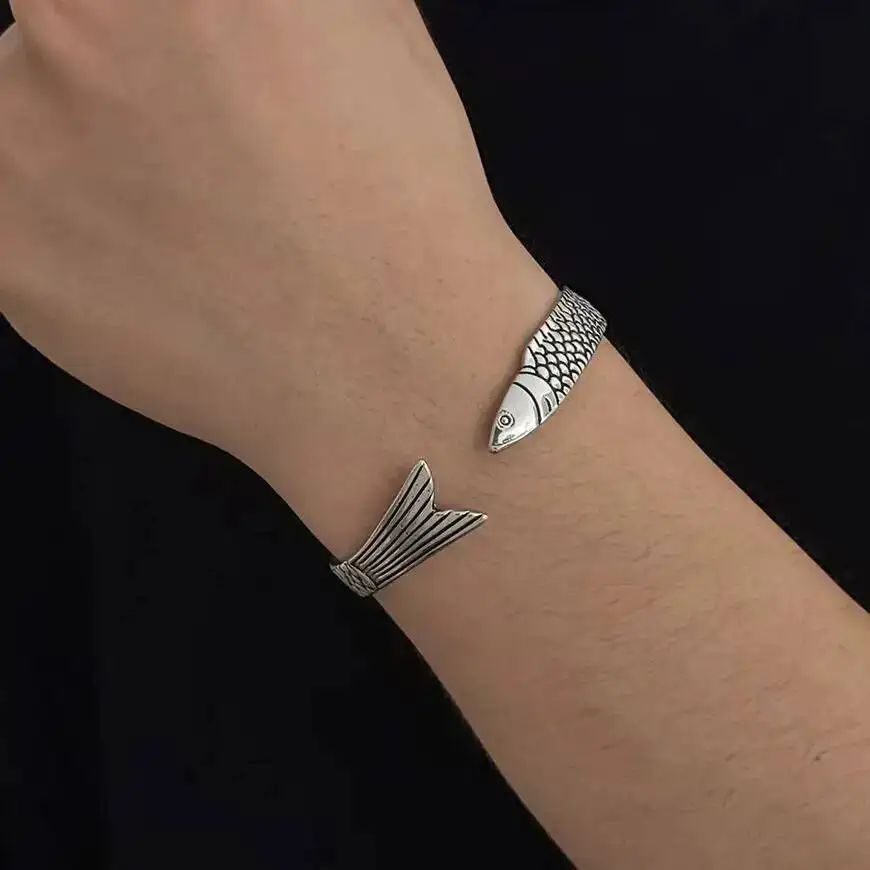 Salircon Stylish Simple Silver Color Fish Open Adjustable Bangle for Men Punk Creative Metal Bracelet Steampunk Jewelry Gifts