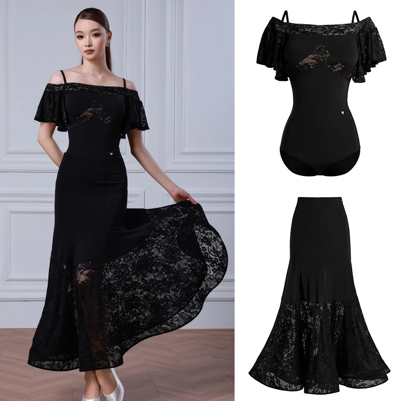 

2026 New Waltz Modern Dancing Suits Adults Ballroom Dance Competition Costume Black Ruffled Sleeves Latin Top Long Skirt SL15759