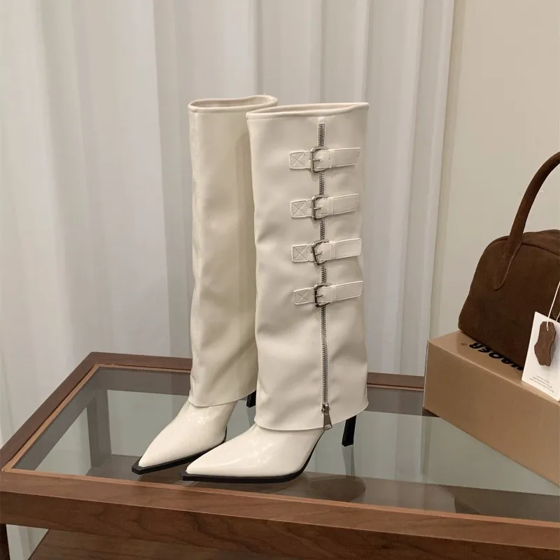 Women's Knee-high Boots Temperament Pointed Stiletto Heels Boots Fashion Belt Buckle Knight Boot Women's High Tube Leather Boots
