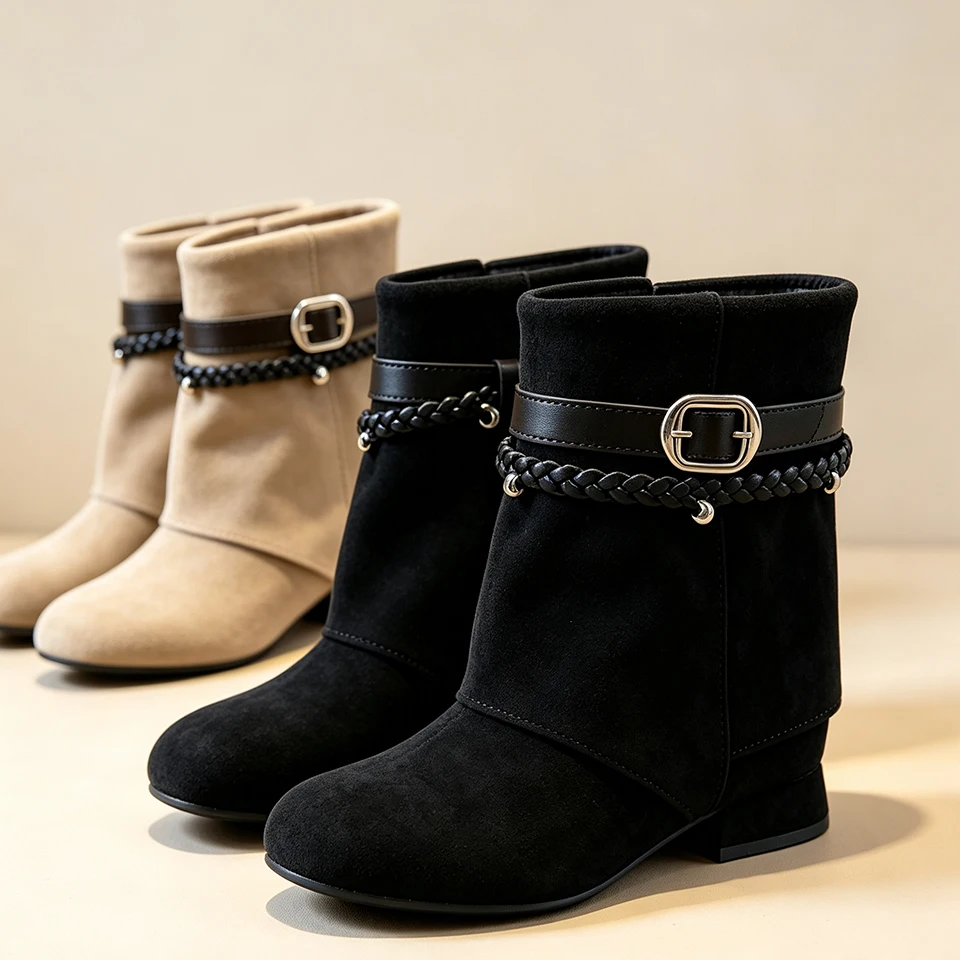 Design Fashion Girls Faux Suede Low Block Heel Ankle Boots with Braided Chain Metal Winter School Party Outdoor Walking Footwear