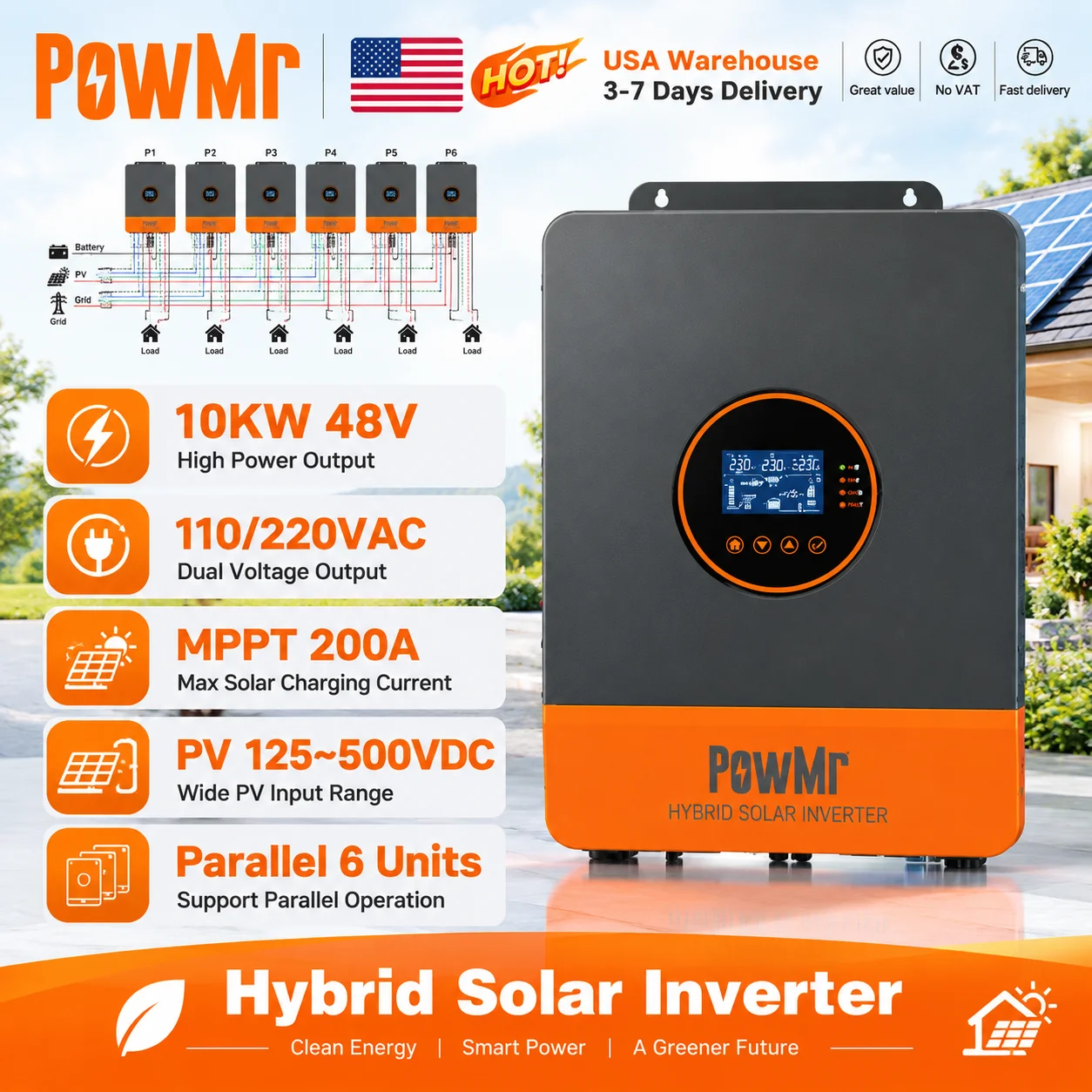 PowMr 10KW 48V Hybrid Solar Inverter Split-Phase 120/240V Dual MPPT Max PV 11000W 500Vdc UPS Support 6-Units Parallel BMS Communication Time-slot Charge-Discharge for LiFePO4 Lead-Acid Battery Home Off-Grid Solar Backup Power Bulk Discounts Available