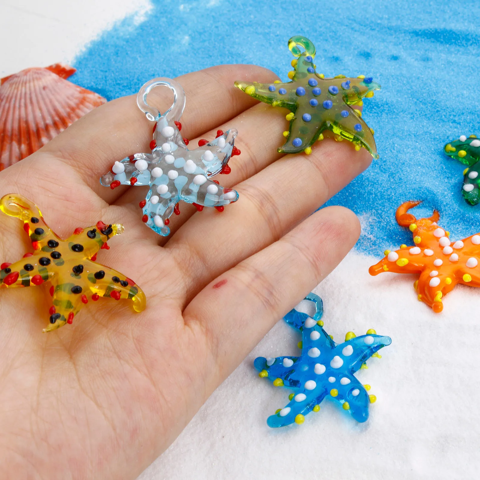 2 PCs 3D Starfish Dot Lampwork Glass Ocean Jewelry Pendants Necklace Charms Tiny Sea Star Fish Aquarium Decoration Accessories