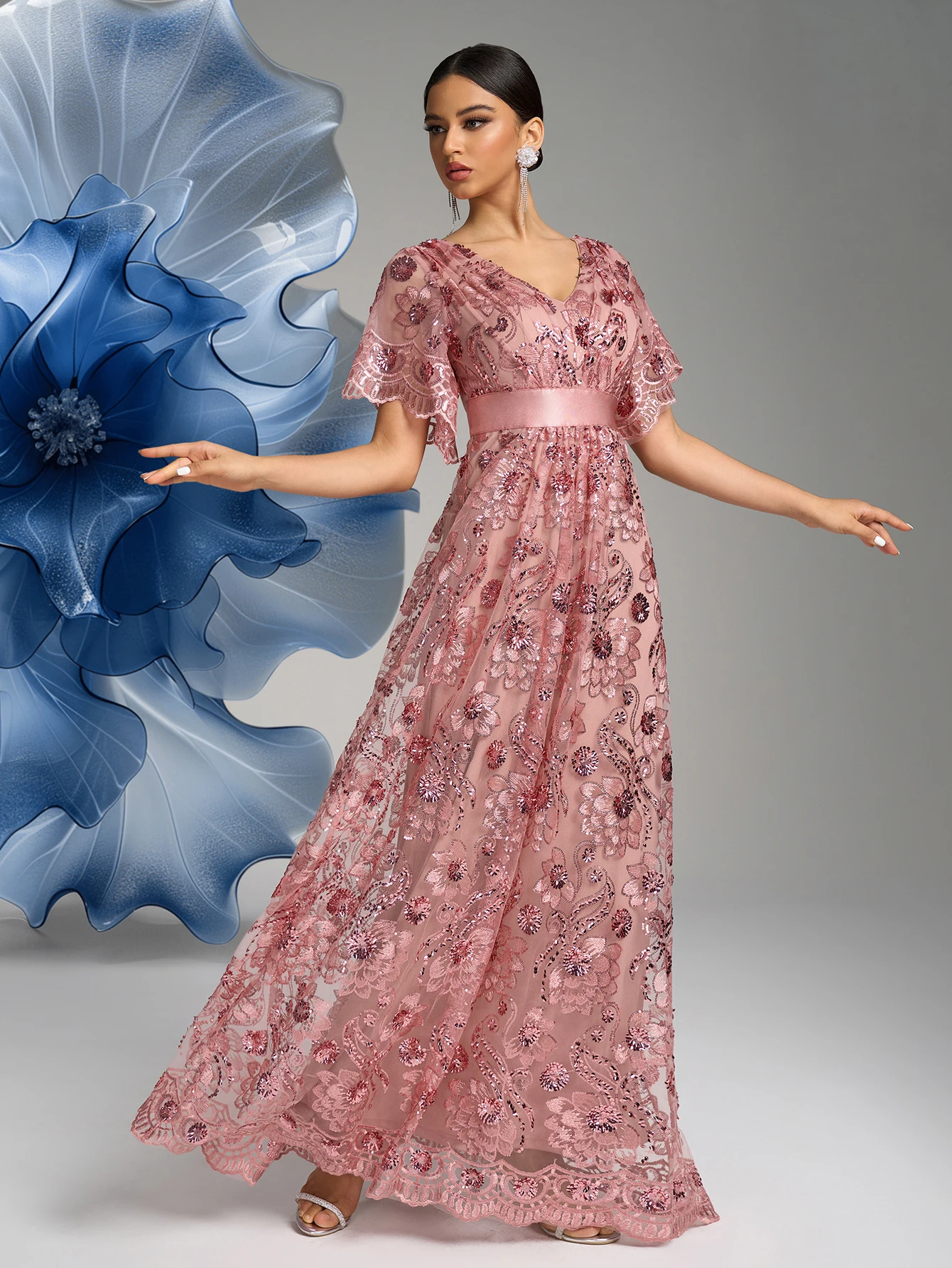 ชุดราตรีทรงยาวประดับเพชร แขนจีบ ปักลายดอกไม้ ดีไซน์หรูหรา สำหรับผู้หญิง