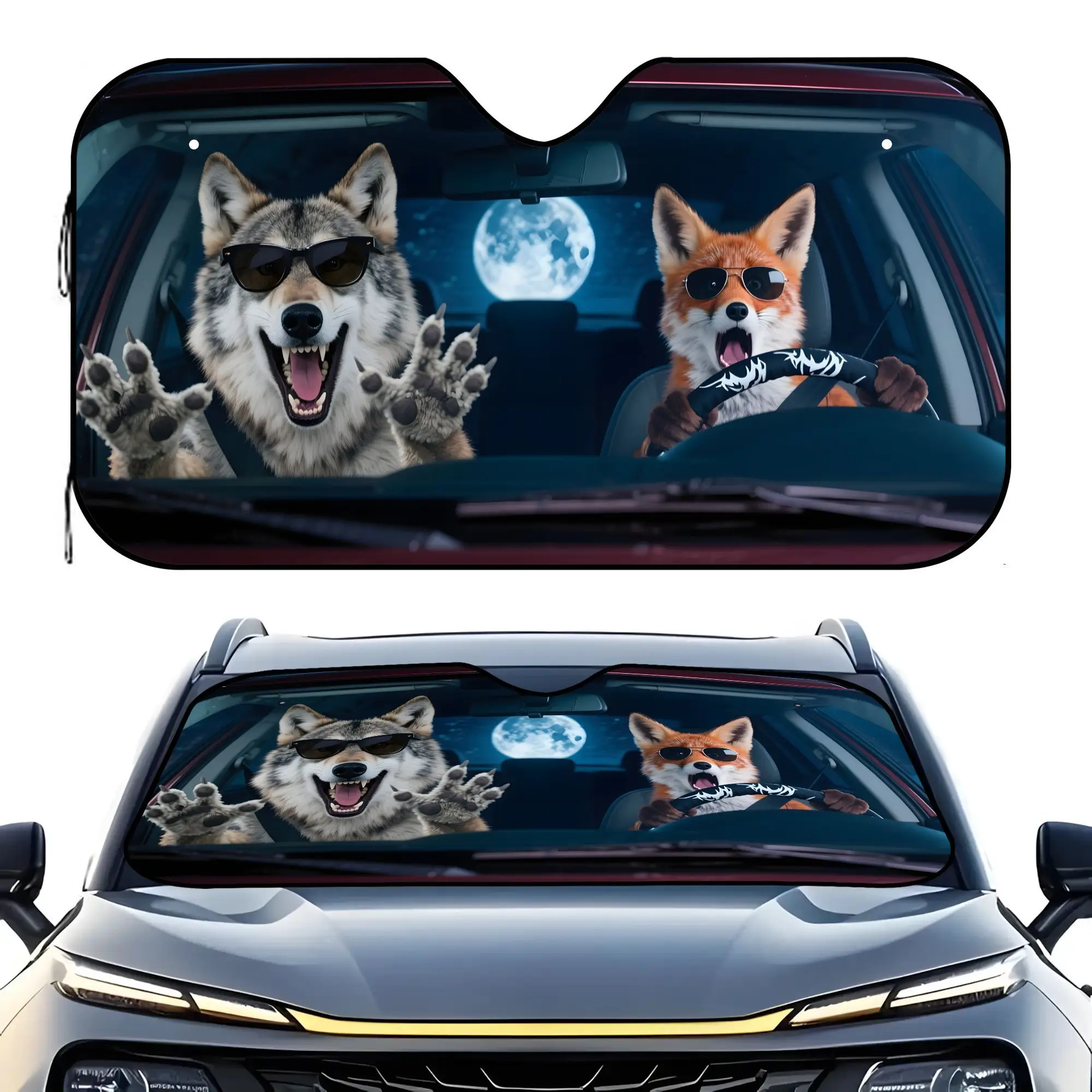 1pc Of Car Front Windshield Visor Designed By Wolf Fox Driving Car Theme, Protected From Direct Sunlight, Practical And Beautifu