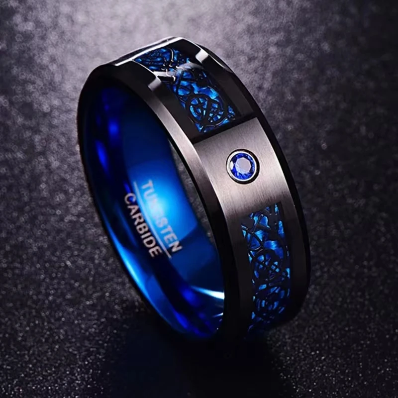 

NUOBING Foreign Trade Carbon Fiber Scrub Blue Zircon Men Rings 100% Tungsten Carbide Anillos para hombres Black Dragon Wholesale