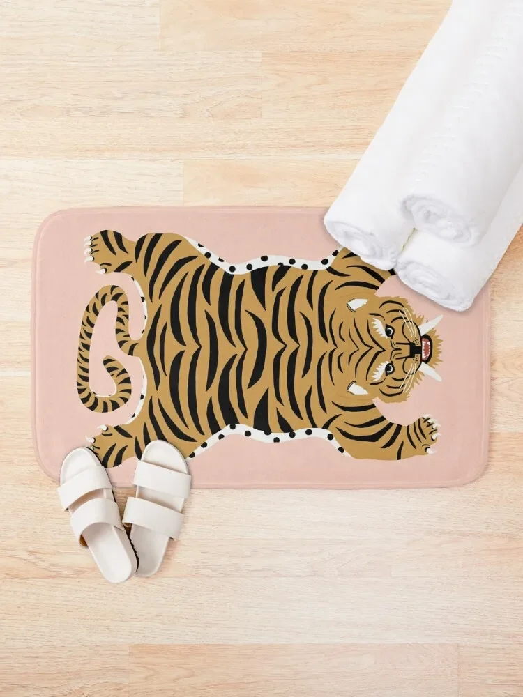 Fierce | Tiger Print on Peachy Pink Bath Mat Bathroom Accessories Sets Luxury Bathroom Shower Curtain House Entrance Mat