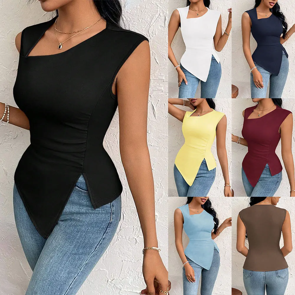 Split Slim Sleeveless T-shirt Woman Sexy Short Crop Tops Tanks Camis Summer Vintage Tee Shirts Y2K Kpop Cheap Clothes Women