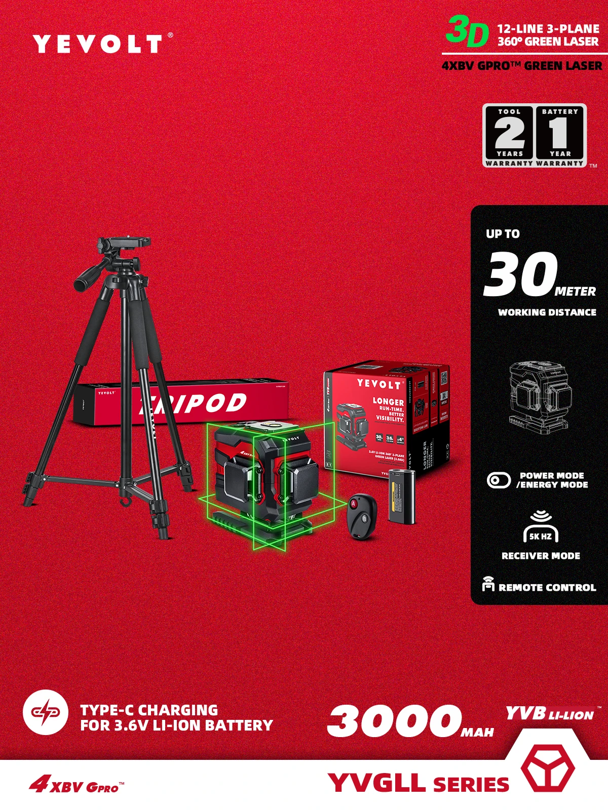 

YEVOLT TP-YVGLL4XS12T Green Laser Level 3-Plane 12-Line Self-leveling 360 3D - Tripod 3.6V 3Ah Power Measuring Tools