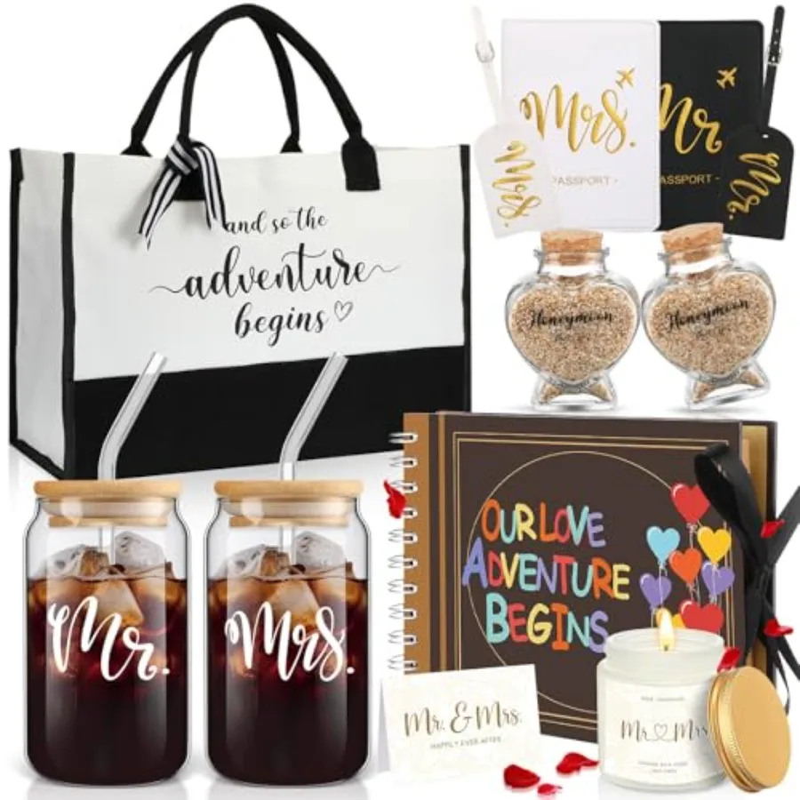 

12 Pcs Wedding Honeymoon Gifts for Couple Mr Mrs Bridal Shower Engagement Gifts with Glass Adventure Book Scrapbook Passport Ho