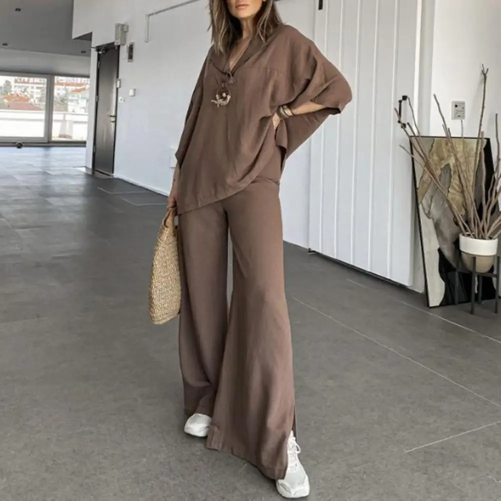 ชุดเซ็ทเสื้อผ้าผู้หญิงสไตล์วินเทจแบบหลวมๆ 2 ชิ้น สีพื้น แขน 3/4 เสื้อพูลโอเวอร์ลำลอง กางเกงขายาวทรงกว้าง  คอลเลคชั่นใหม่ ฤดูใบไม้ผลิ/ฤดูร้อน 2025