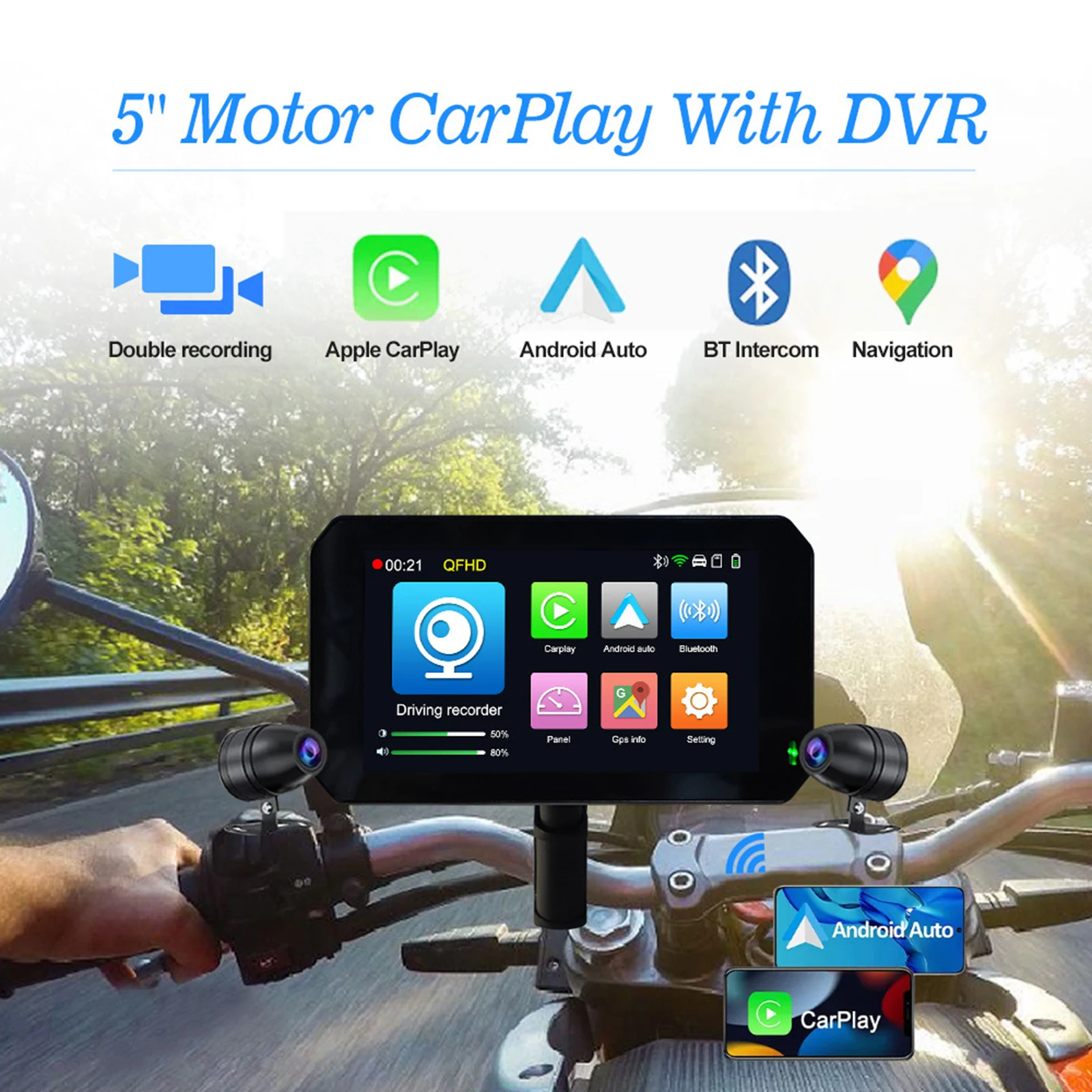 5 Inch Motorcycle Navigation IPX7 Waterproof Screen Moto GPS Navigator Support Wireless Apple Carplay Android Auto