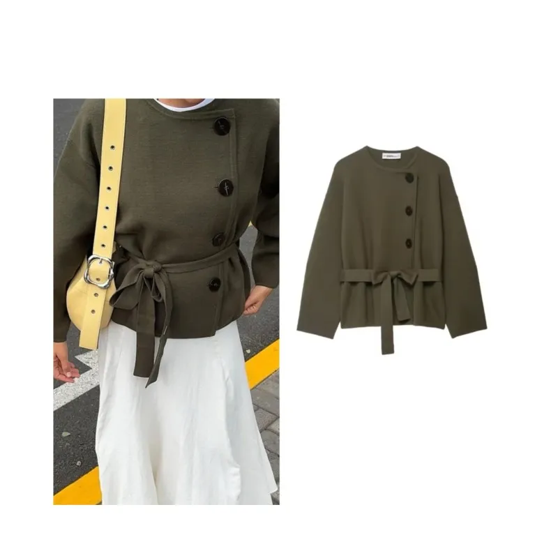 

NERHEFZ женский кардиган на пуговицах с поясом, осенний вязаный женский простой эластичный свитер с круглым вырезом и длинными рукавами