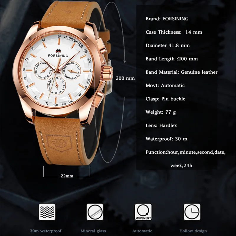 FORSINING Männer Uhren Automatische Mechanische Uhr Luxus Gold Uhr Echtes Leder Wasserdichte Uhr Männer Military Armbanduhr Mann