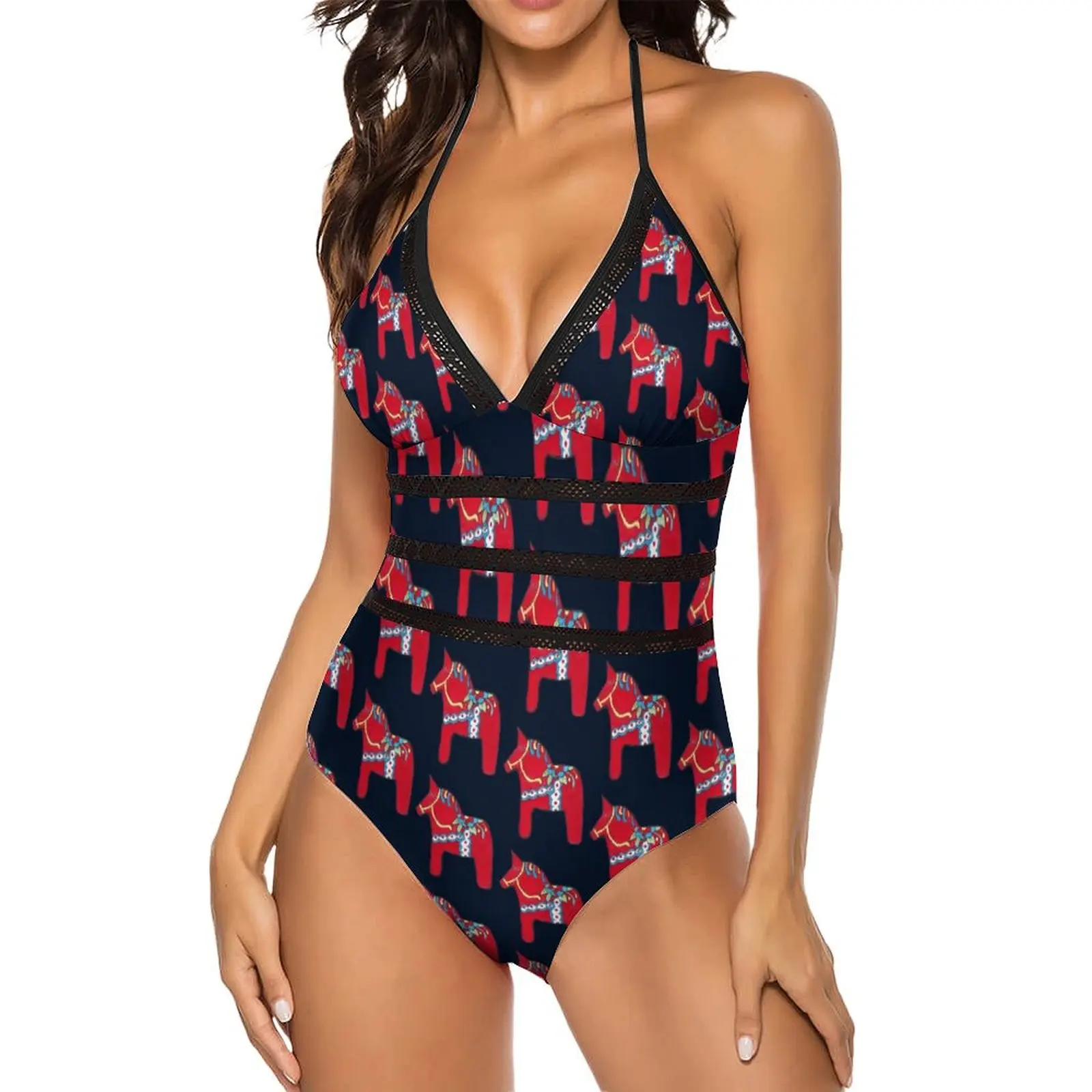 Dala Horse Swimsuit Sexy Retro Animal Print Sling Swimwear One Piece Stylish Swimsuits Rave Push Up Beachwear