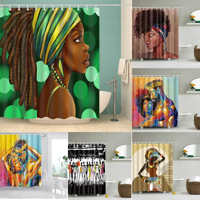 

African American Art Print Shower Curtain, Black Woman Portrait Design, Waterproof Polyester Bathroom Curtain with Hooks