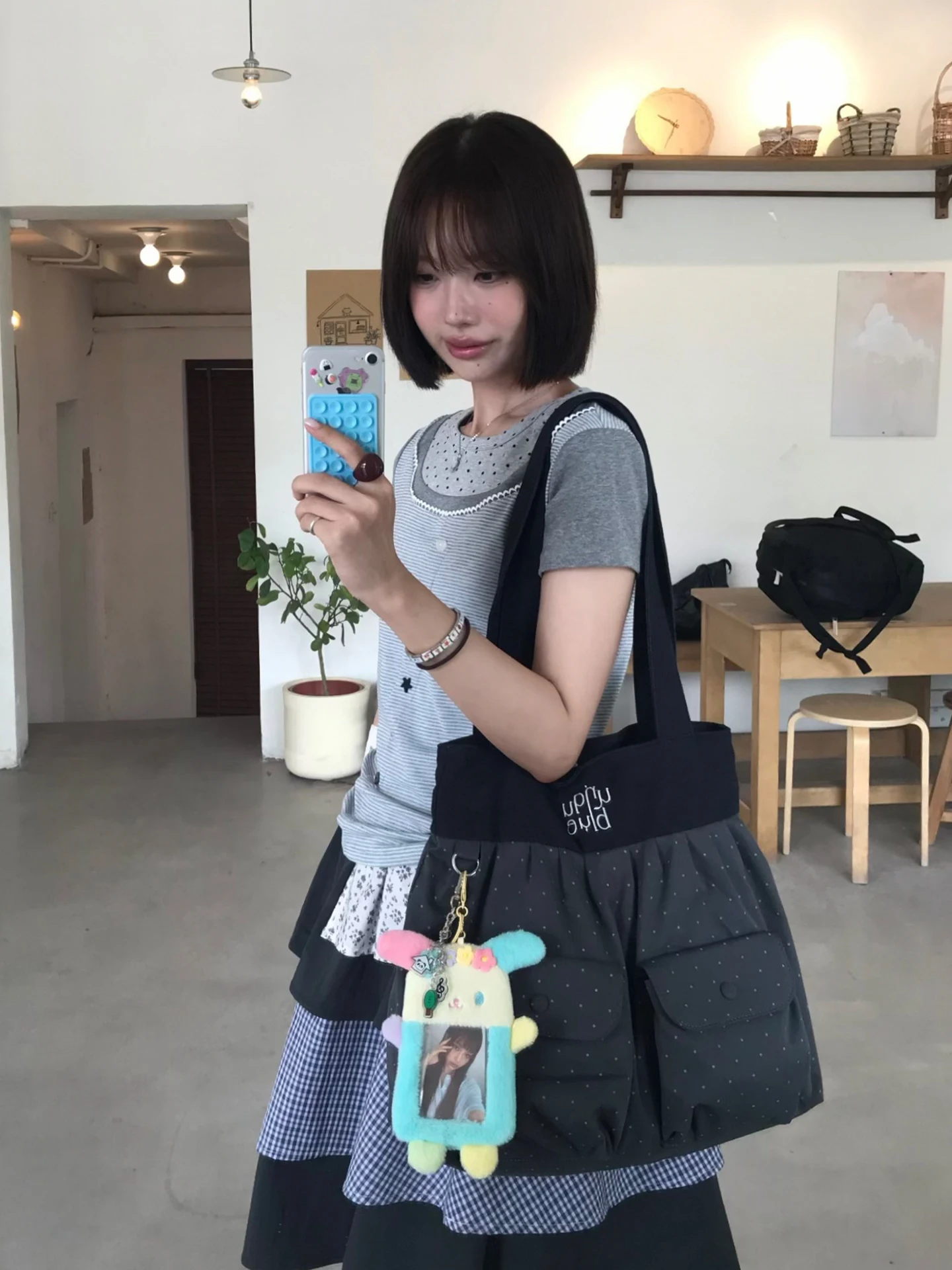 unique-blue-korean-style-polka-dot-student-tote-bag-women's-large-capacity-shoulder-bag-multi-pocket-design-commuting-bag