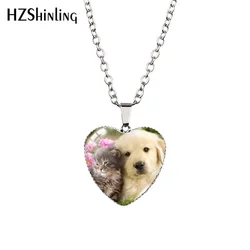 2022 New Cute Cat and Dog Pendant Necklace Pets Painting Glass Dome Handmade Jewelry Heart Pendants Gift Women