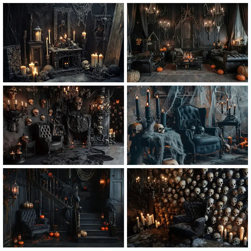 Halloween Decorations Photography Backdrop Vampire Room Skull Spider Web Pumpkin Bloody Halloween Family Party Photo Background