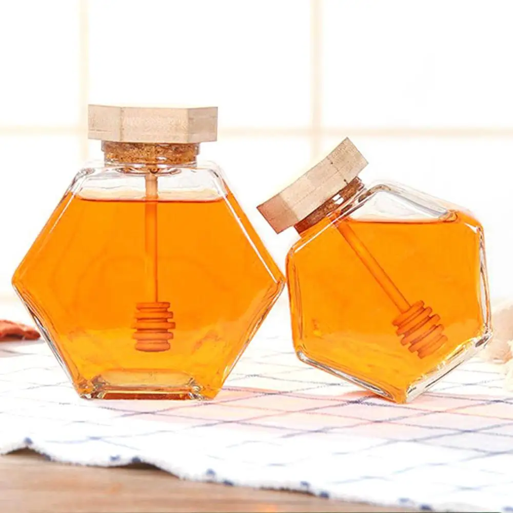 Hexagonal Glass Honey Bottle with Wooden Stirring Rod Honey Packaging Bottle Small Honey Bottle Container Honey Jar