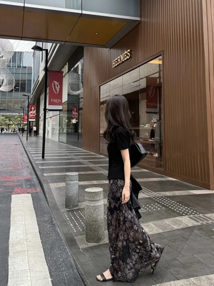 로맨틱 플로럴 프린트 쉬폰 스커트 엘레 드리프팅 롱 스커트 하이웨이스트 A라인 스커트 여름 2025 여성 패션