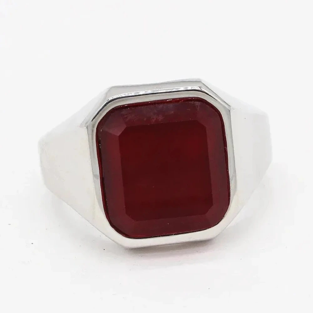 Simple Square Ruby Men\'s Ring Rhinestone Stainless Steel Rings Retro Punk Male Jewelry