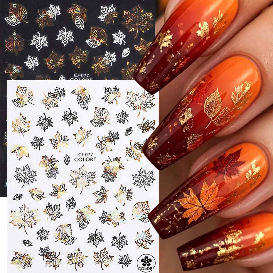 2pcsBronzing Maple Leaf Nail Art Stickers Holographic Fall 3D Metallic Mirror Effect Fall Leaves Nail Charm Manicure Accessories