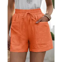 Shorts Women Drawstring Cotton Linen Shorts Casual Loose Shorts Elastic Waist Casual Fashion Candy Color Women Female Shorts