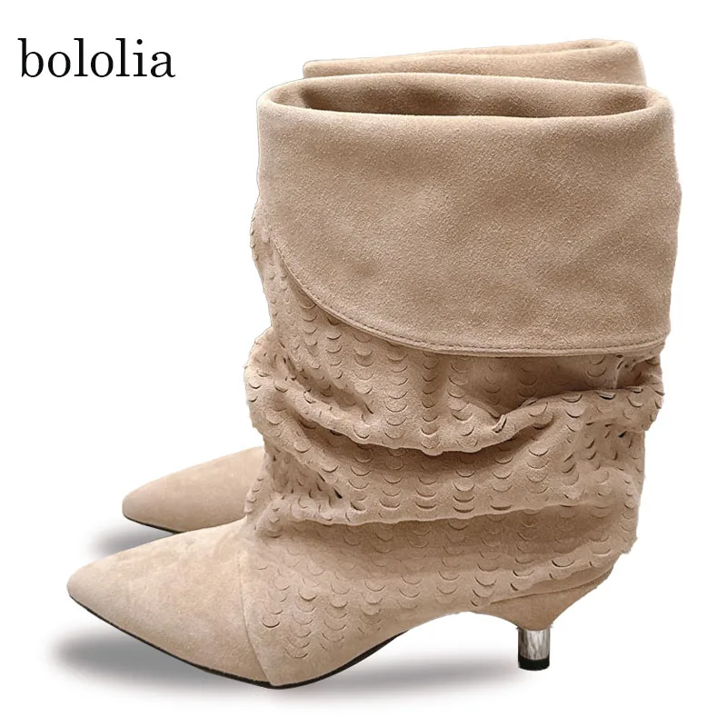 BOLOLIA Genuine Leather Women's Thin Heel Short Boots Fashion Pointed Wide Tube Folded Stacked Boots Ladies Large Ankle Boots