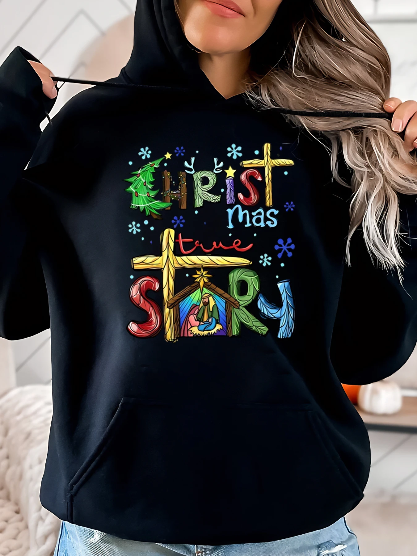 

Рождественская толстовка с принтом True Story, рождественская женская повседневная одежда, черная, больших размеров