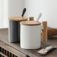 Ceramic Coffee Mug with Wooden Handle and Lid Heat Insulation Office Home Couple's Cups Gifts Spoon Tea Milk Water Cup Drinkware
