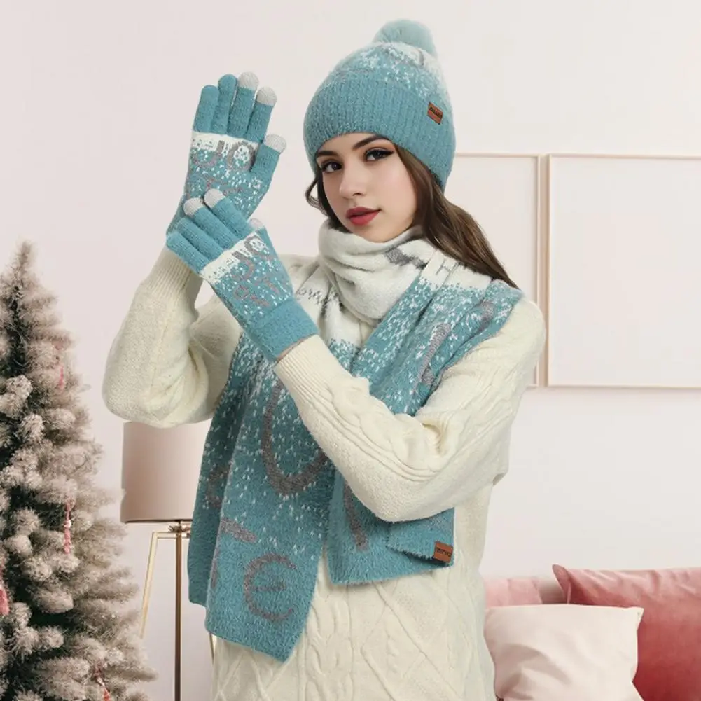 3 Pieces/set Of Unisex Christmas Infinity Scarf Gloves Set Of Thick Knit Jacquard Warm Hat Winter Gloves