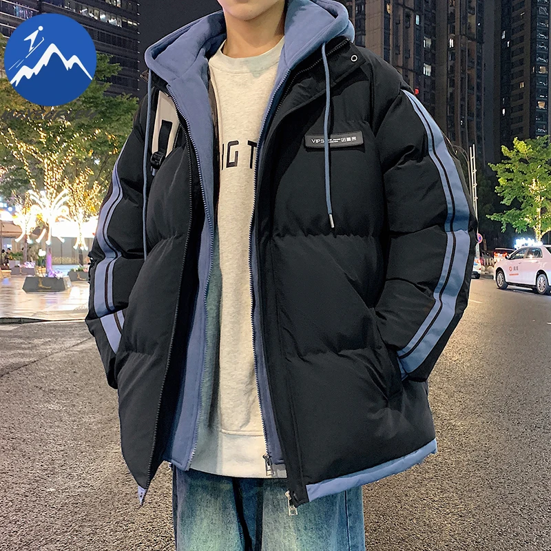 맥스바리 2025 신상 겨울 코튼 재킷 남성 K-팝 캐주얼 두꺼운 따뜻한 페이크 투 패딩 후드 패딩 재킷 하라주쿠 스키 패딩 코트