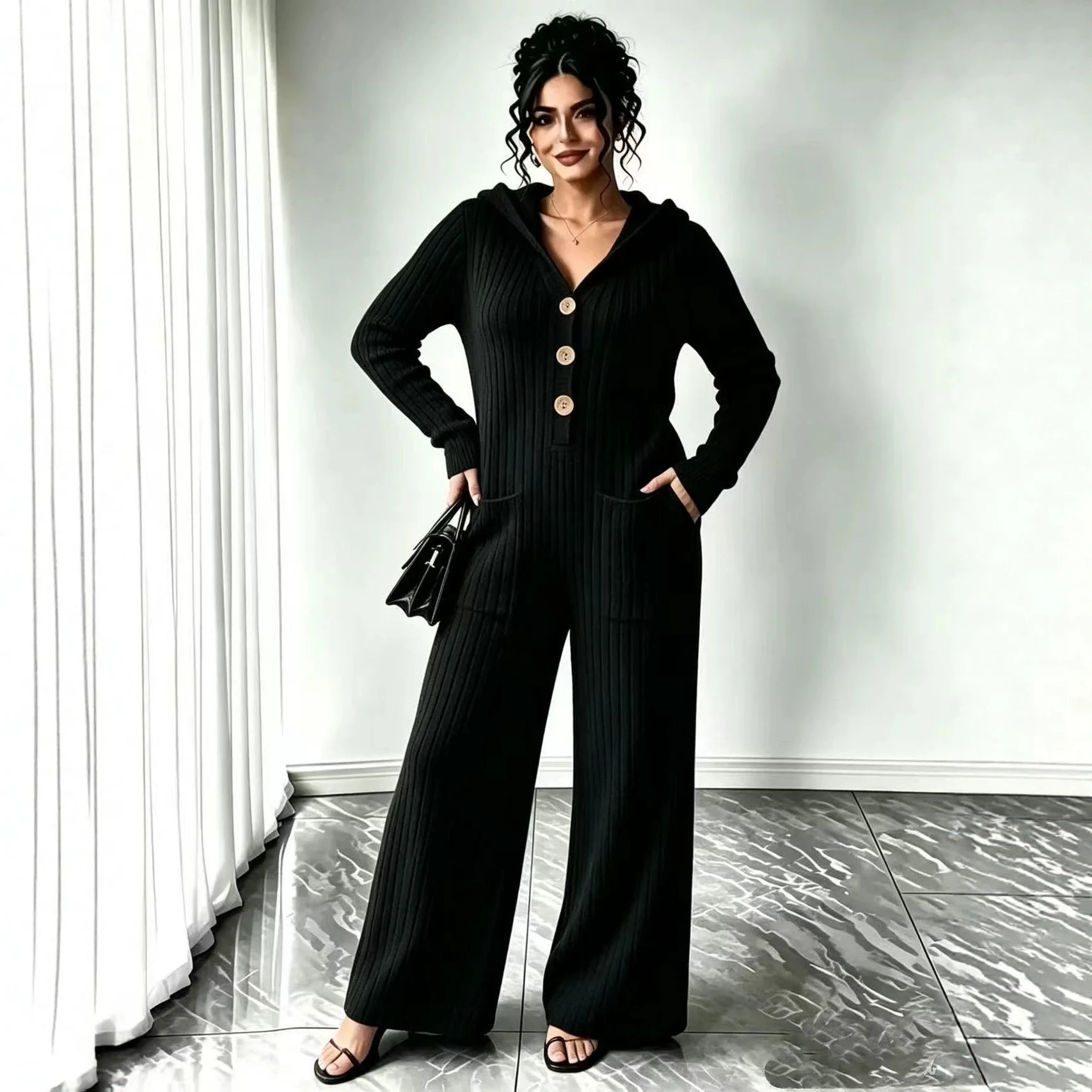 Knitted New Women's V-neck Single-breasted Pocketed Elegant Hooded. Solid Color Jumpsuit Dress Elegant Bandage Lace Elegant