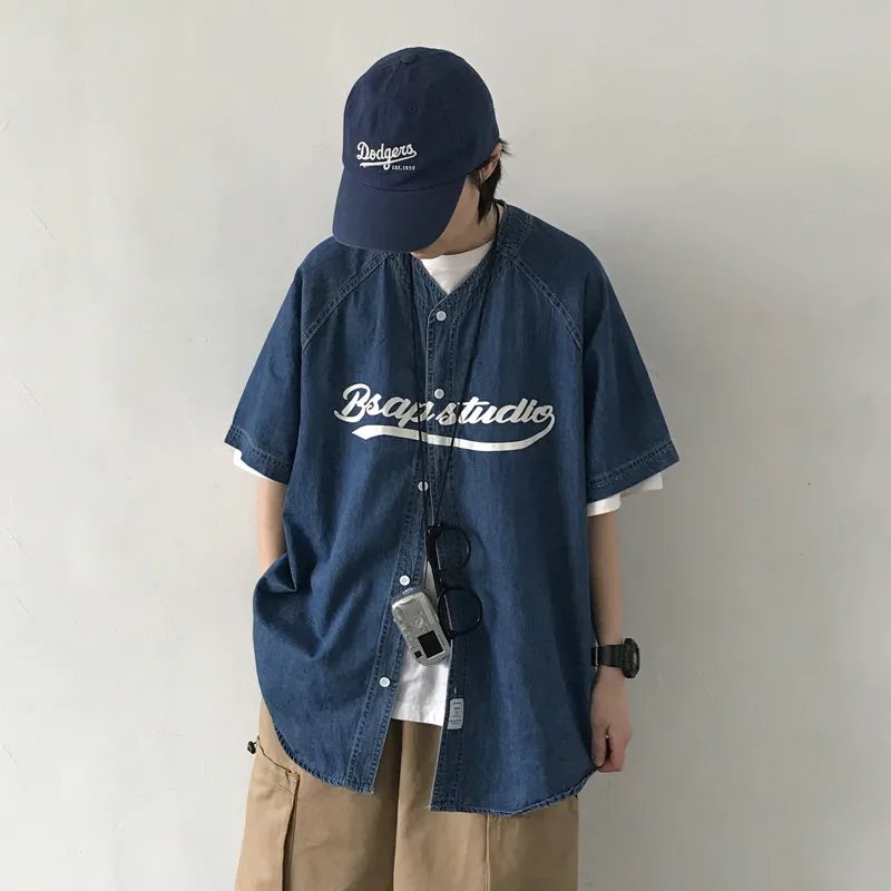 Japanese Retro Vintage Letter Printed Loose Denim Workwear Short Sleeved for Men Shirt