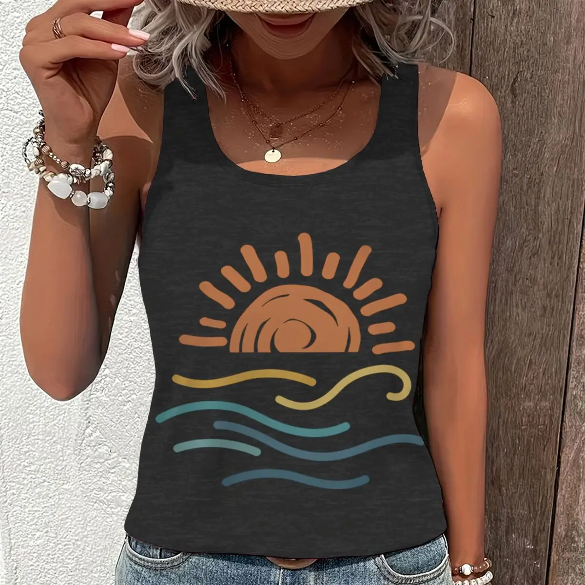 Women Vintage Boho Sunset Waves Graphic Racerback Tank Top Summer Vacation Minimalist Sleeveless Basic-Fit Vest