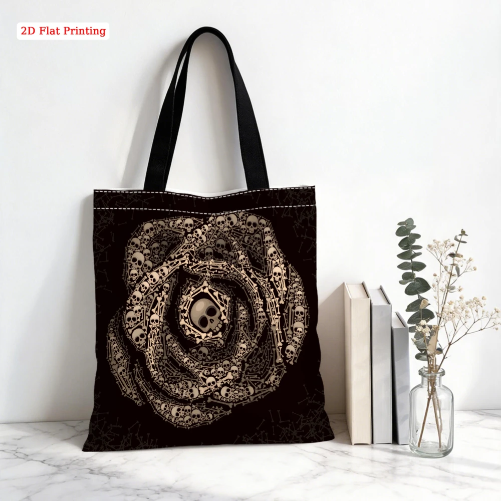 1Pc Gothic Style Shoulder Bag Black Skull Rose Pattern Tote Bag For Daily Shopping Travel Work Study Casual Outing Large Capacit