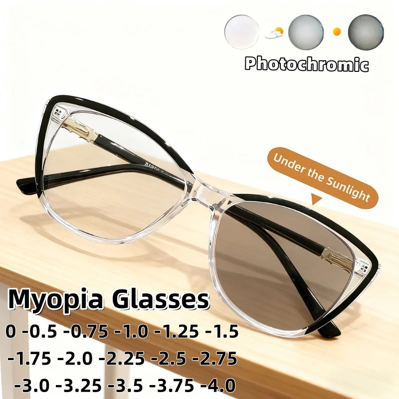 

Retro Cat-Eye Photochromic Prescription Glasses High-definition Anti-blue Light Eyewear Minus Diopter Eyeglasses 0 To -4.0