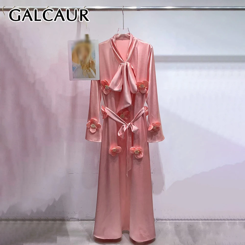 GALCAUR solide épissé 3D fleurs robe femme col rond à manches longues en vrac élégant décontracté femmes robes automne mode nouveau Style