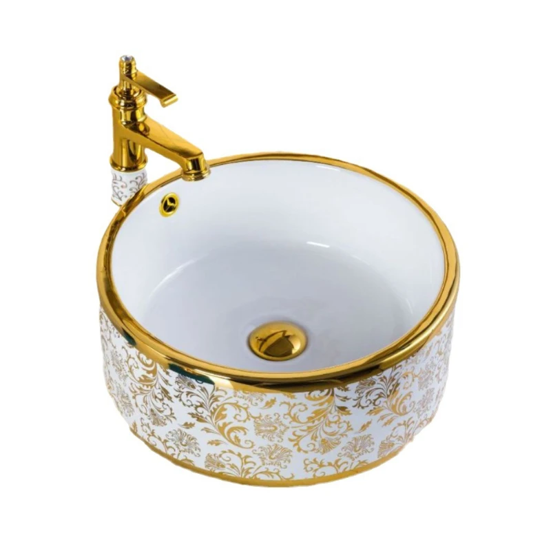

Gold wash basin on the electroplating table Ceramic face wash art basin Bathroom Creative washbasin