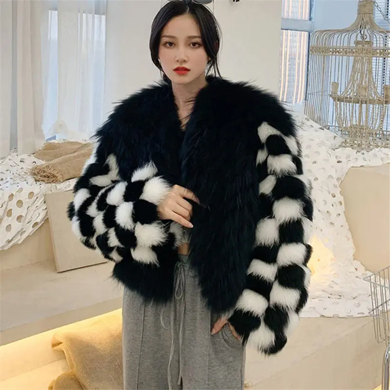 Chic Black and White Checkerboard Imitation Fox Fur Coat Short Contrast Color Checked Mink Fur Bomber Jacket Cardigan Crop Tops