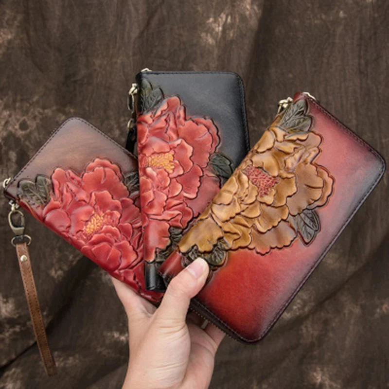 

Embossed Women Clutch Wallet Zipper Bag Female ID Credit Cards Clips Cash Coin Floral Genuine Leather Long Purse Wrist Money