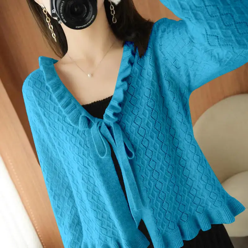 Stylish V-Neck Knitted Spliced Lace Up Ruffles Cardigan Sweater Women Clothing 2022 Autumn New Oversized Casual Tops Korean Coat