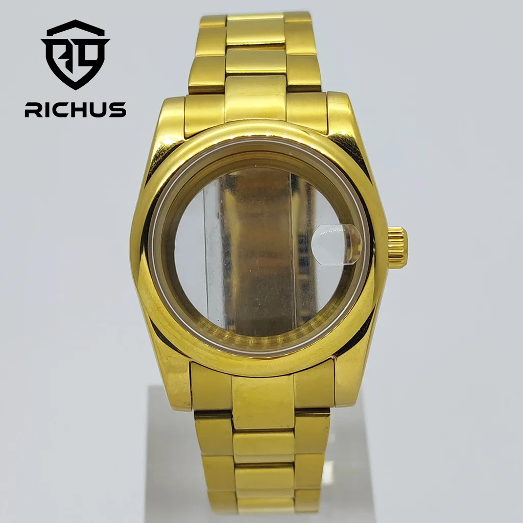 

Золотой корпус RICHUS 36/39 мм и полированный ремешок подходит для NH35 NH36 ETA2824 PT5000 Miyota8215-DG, аксессуары для часов с механизмом