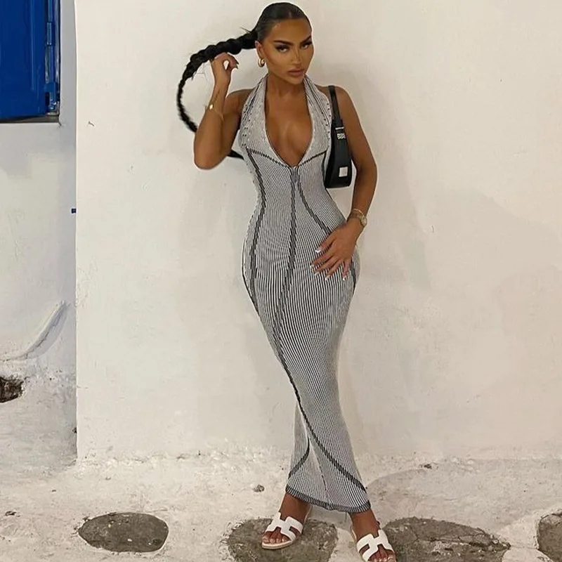 

Striped Print Halter Backless Bandage Sexy Slim Maxi Dress 2023 Summer Women Elegant Fashion Vacation Rave Party Outfit