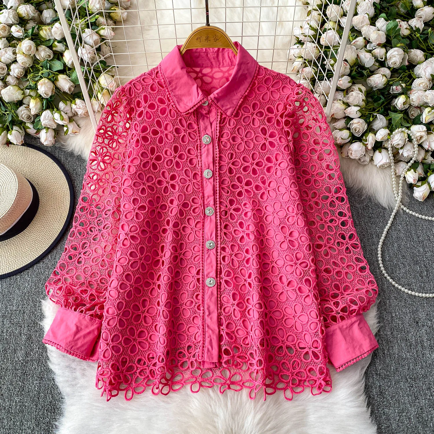 

Elegant French Lace Blouse Women Long Sleeve Button Down Shirt Loose Fit Casual Office Wear