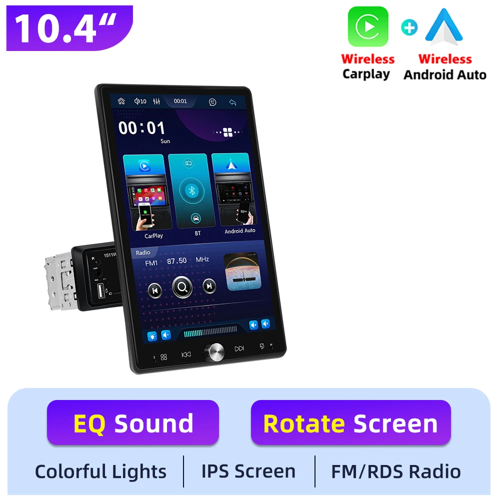 Podofo 10.4'' draaibare 1DIN autoradio met draadloze Carplay, Android Auto, multimediaspeler, Mirror Link, BT, FM/RDS radio en EQ