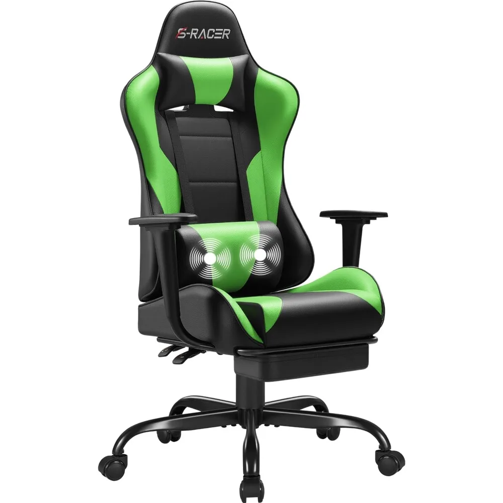 

Gaming Chairs, Computer Chair with Footrest and Massage Lumbar Support, Height Adjustable Game Chair with Headrest and Swivel S