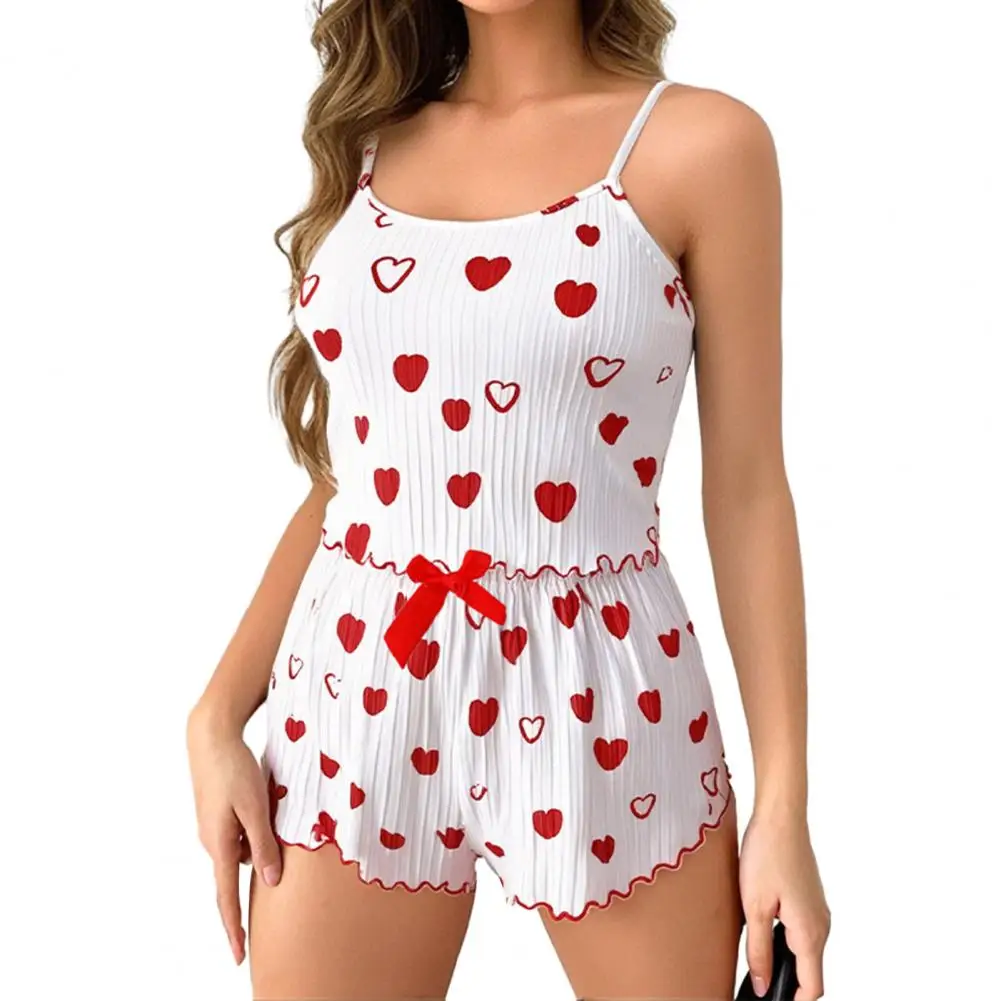High-quality Sleepwear Ensemble Heart Print Camisole Pajama Set with Spaghetti Strap Crop Tank Top Shorts for Women for Women